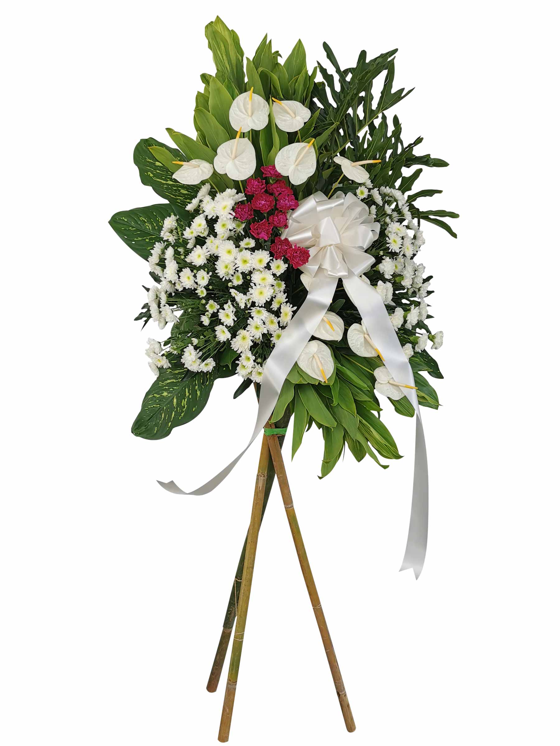 Send Purple White Mums Anthuriums Stand Funeral Flower to Bangued