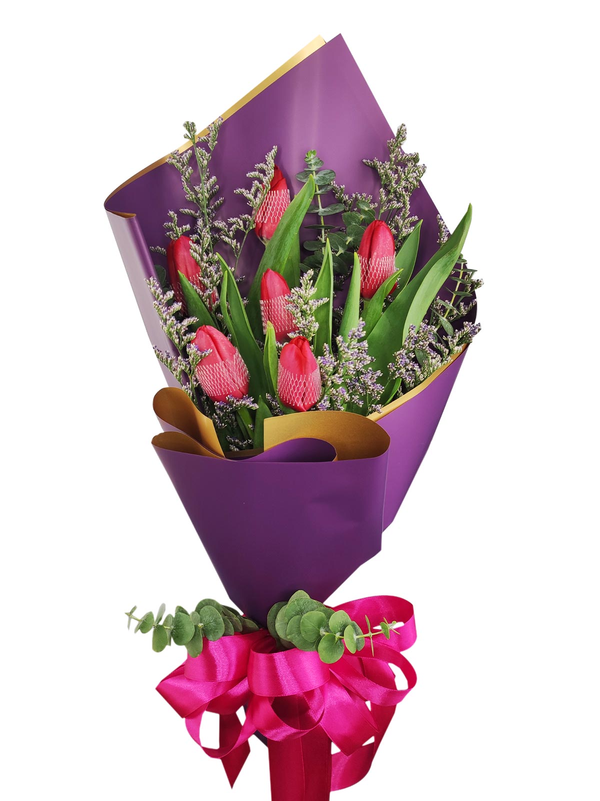 6 red tulips purple/gold