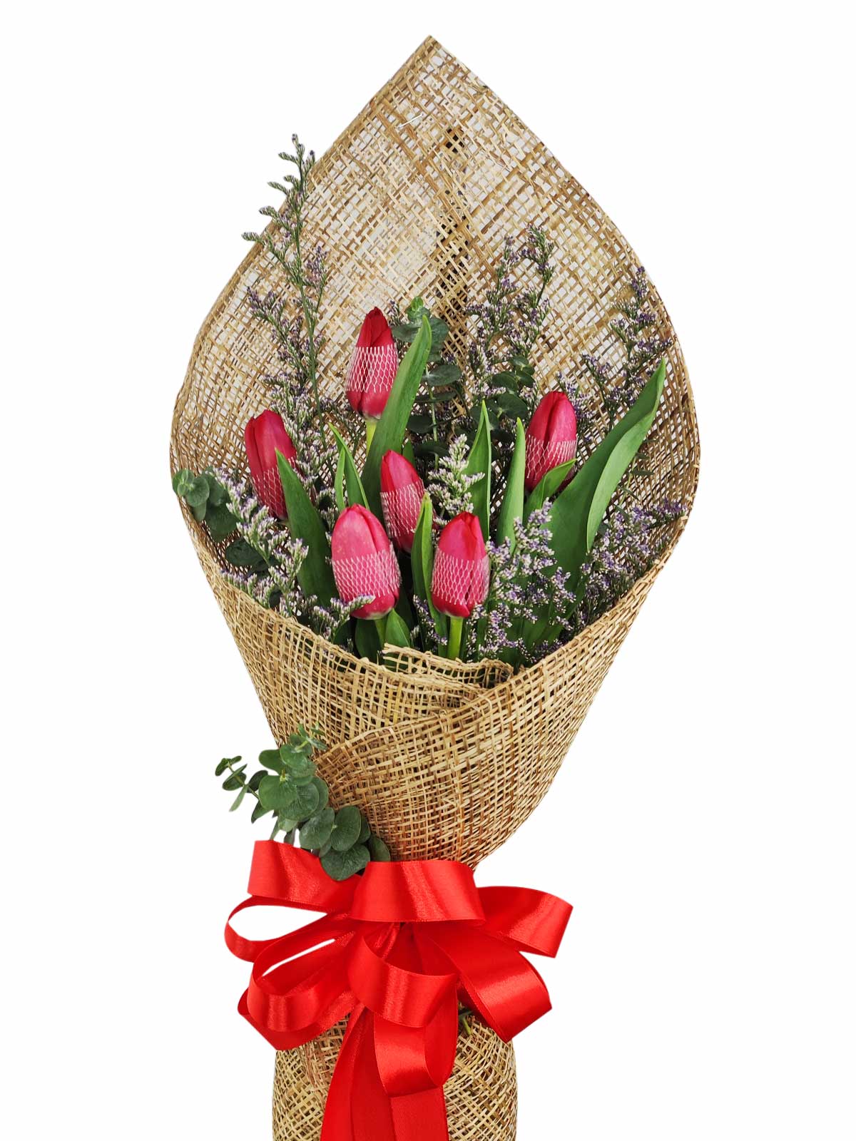 6 red tulips burlap PH