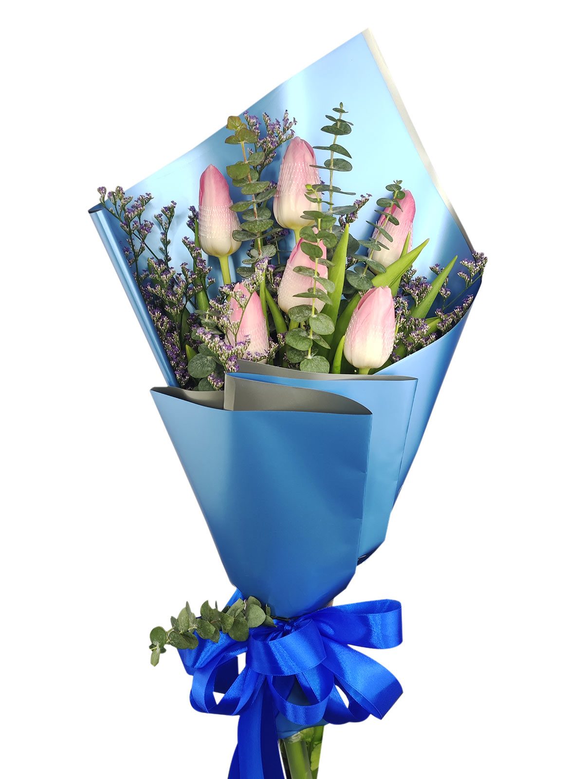 6 pink tulips blue/silver