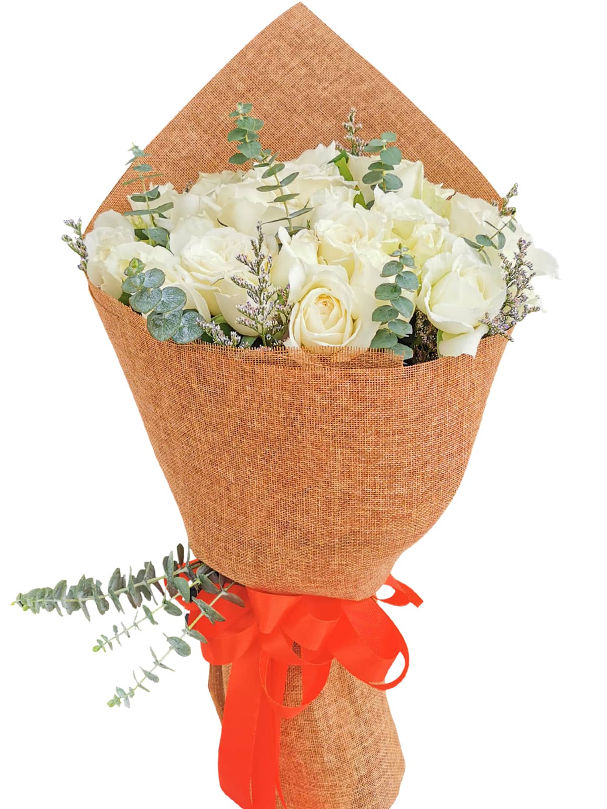 99 pcs white roses, Burlap ch