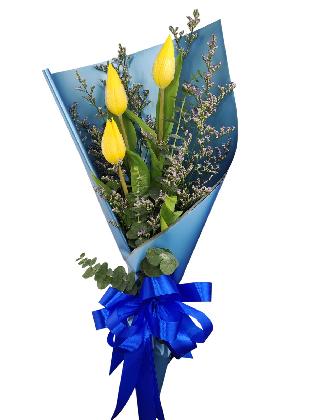 3 yellow tulips blue/silver