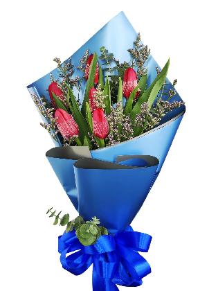 6 red tulips blue/silver
