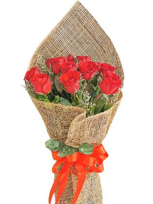 12 pcs red roses, abaca burlap wrapper